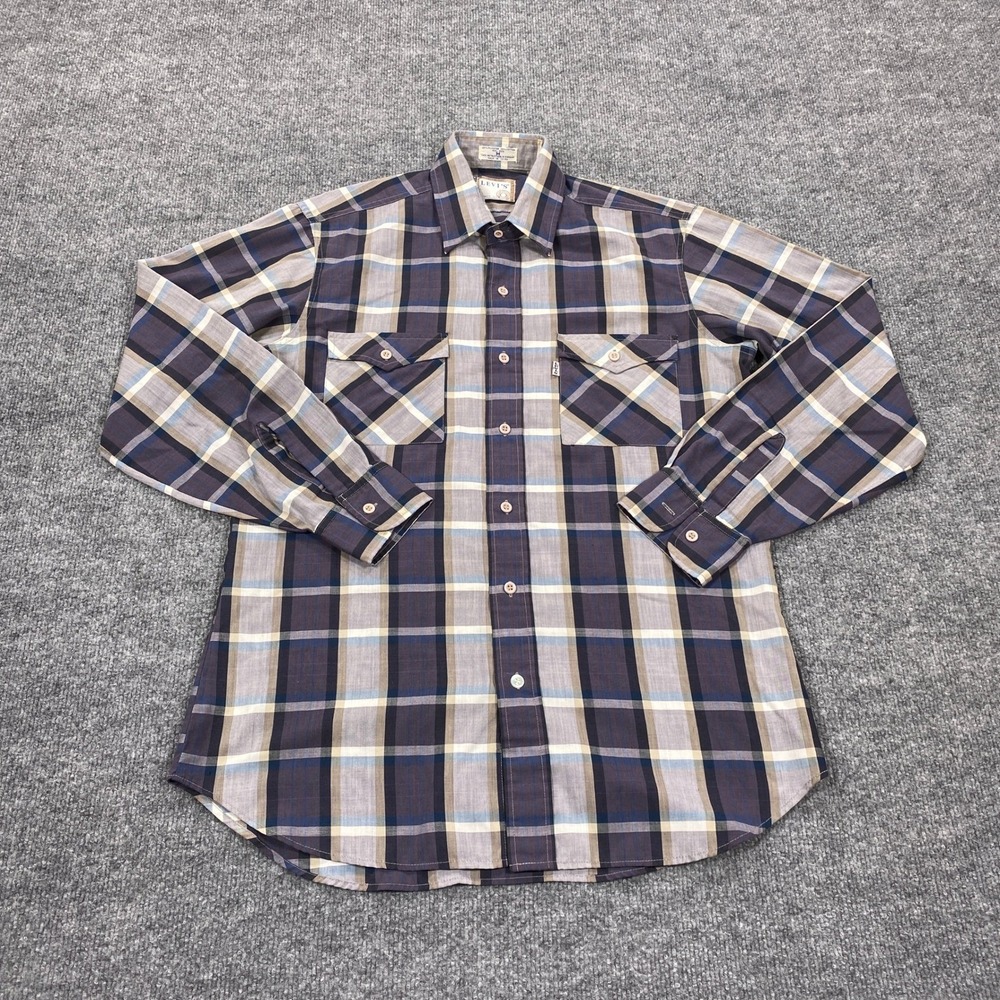 Vintage Levi's Button‎ Down Shirt Mens Medium Gray Blue Plaid Long Sleeve
